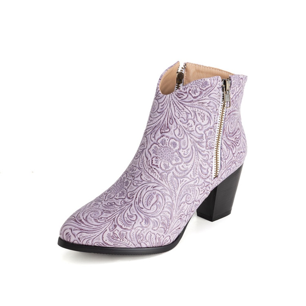 Vintage Fashion Plus Size - Women Embossed Western Ankle Boots Block