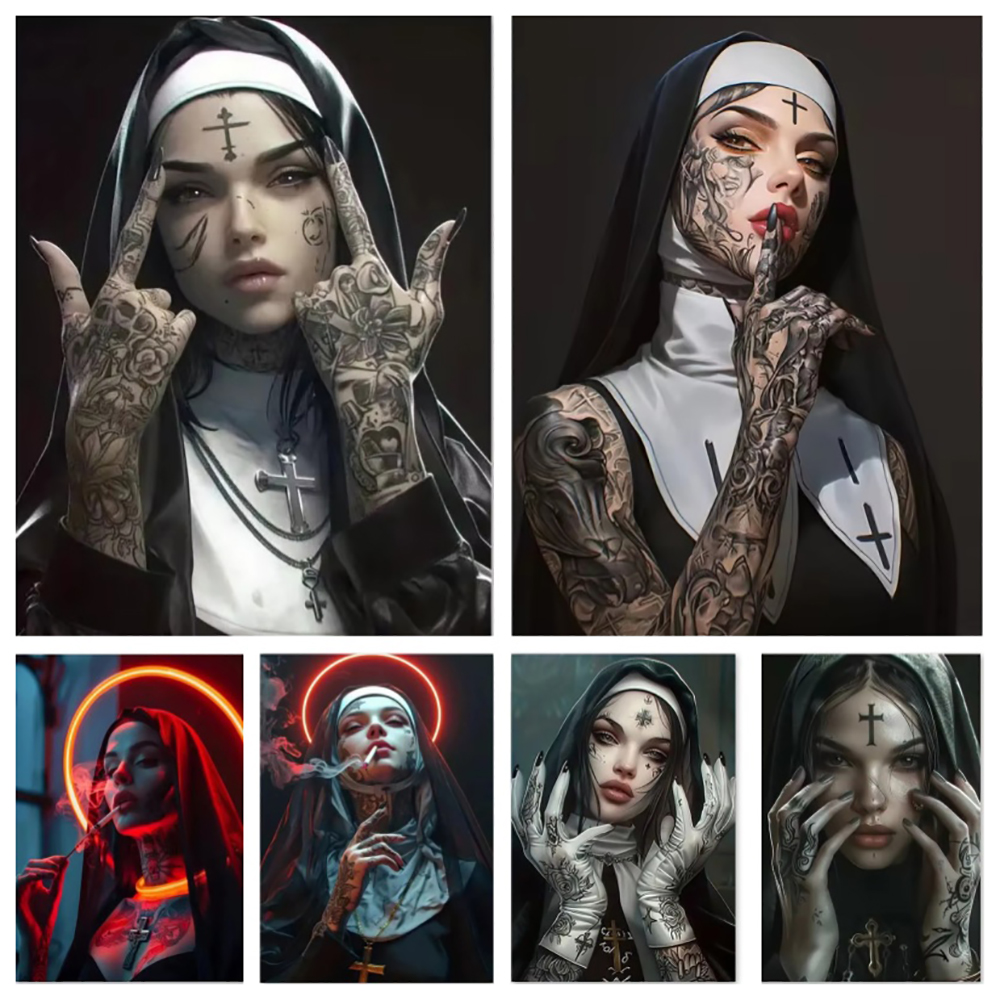 Fashion Girl Tattoo Nun Canvas - Vintage Fashion Prints For Wall 리뷰 및 가격