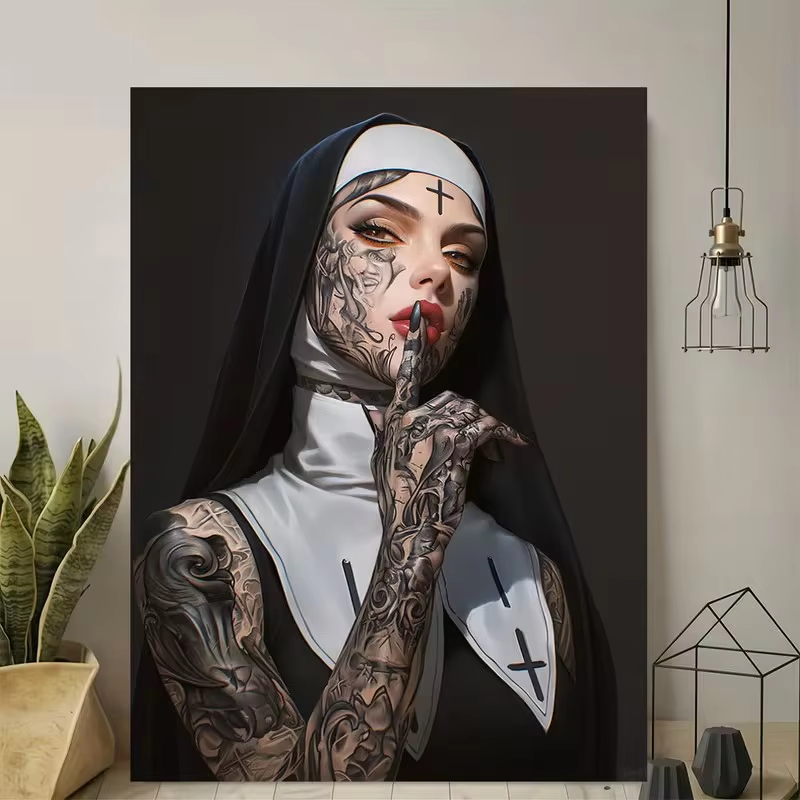 Fashion Girl Tattoo Nun Canvas - Vintage Fashion Prints For Wall 리뷰 및 가격