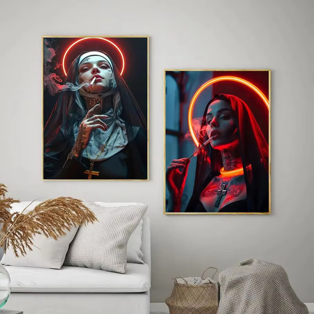 Fashion Girl Tattoo Nun Canvas - Vintage Fashion Prints For Wall 리뷰 및 가격