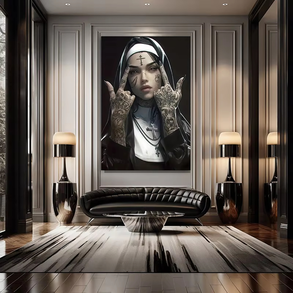 Fashion Girl Tattoo Nun Canvas - Vintage Fashion Prints For Wall 리뷰 및 가격