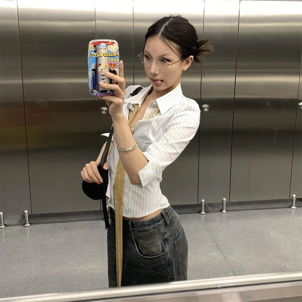 Striped Shirt Women Casual Str - Retro Vintage Korean Fashion 리뷰 및 가격