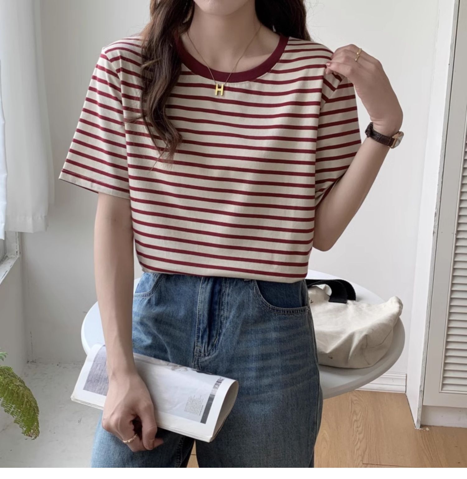 Vintage Striped T-shirt Women  - Retro Vintage Korean Fashion 리뷰 및 가격
